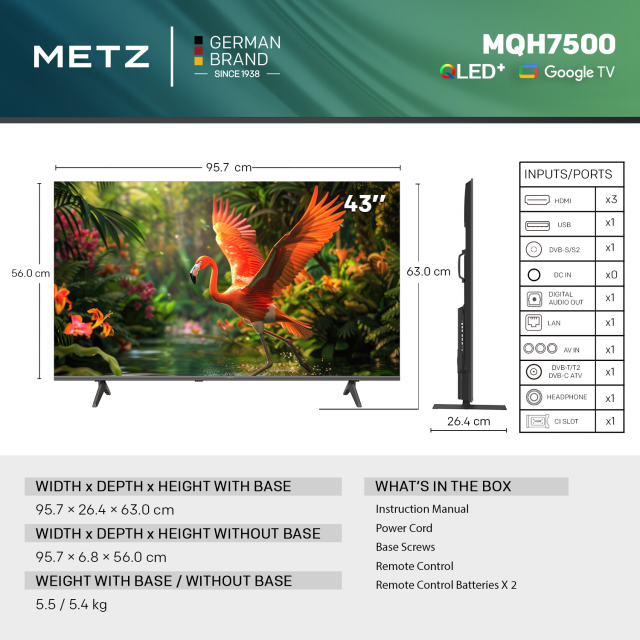 Телевизор METZ 43" 43MQH7500Z QLED+ 4K (3840x2160), GoogleTV, Клас E 