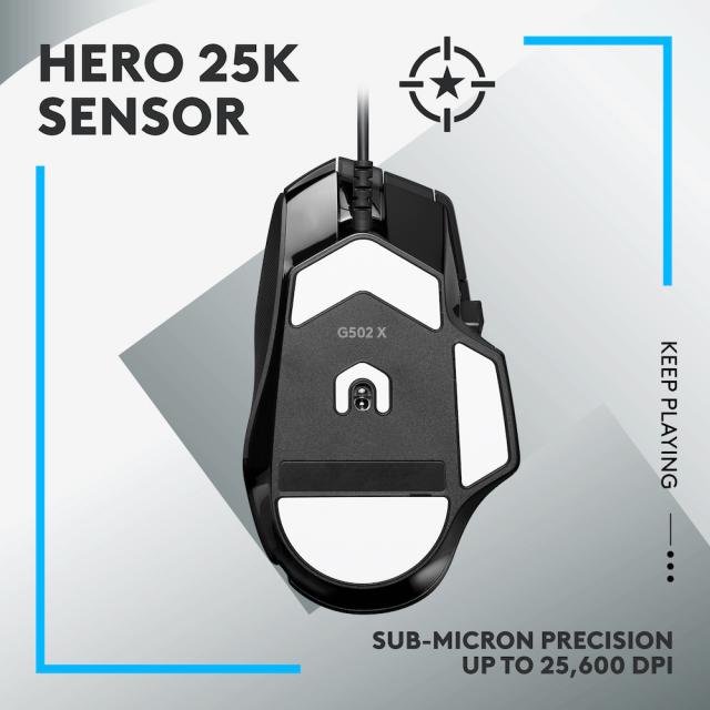 Геймърска мишка Logitech, G502 X, Оптична,  Жична, USB, Черна 