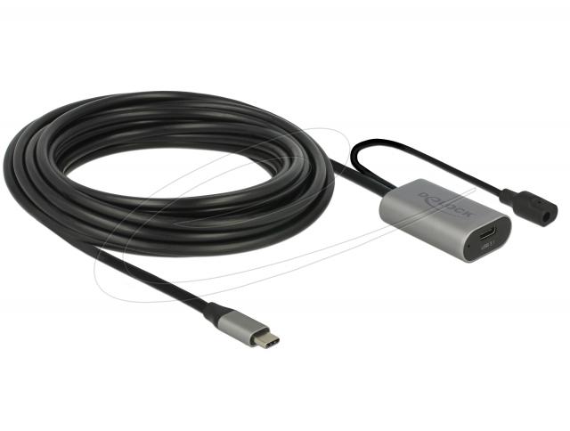 Delock Кабел активен удължителен USB-C към USB-C женско , 5m, (доп. DC захранващ сокет за опцион. захр.) 