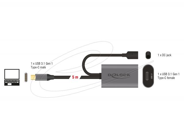Delock Кабел активен удължителен USB-C към USB-C женско , 5m, (доп. DC захранващ сокет за опцион. захр.) 