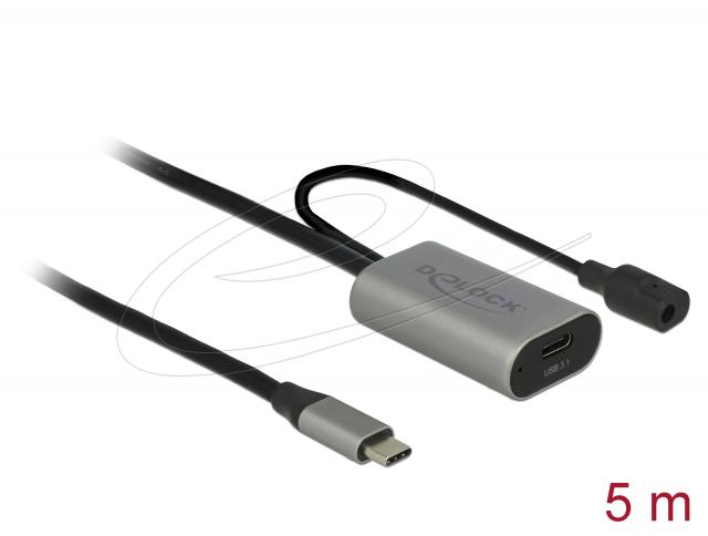 Delock Кабел активен удължителен USB-C към USB-C женско , 5m, (доп. DC захранващ сокет за опцион. захр.) 