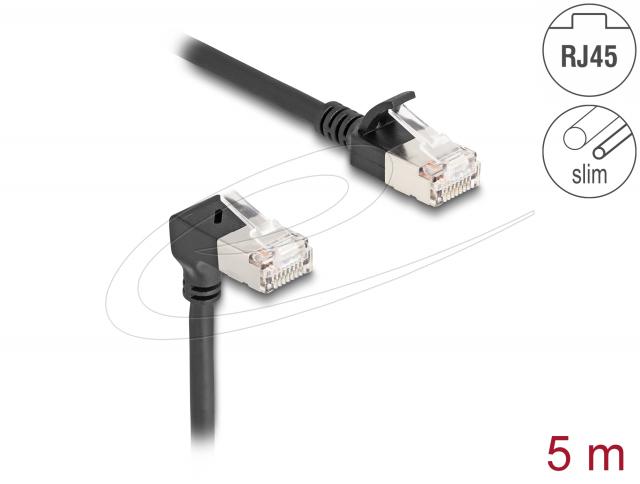 Мрежов кабел Delock RJ45 Cat.6A S/FTP Slim под ъгъл 90° / прав 5 m, черно 