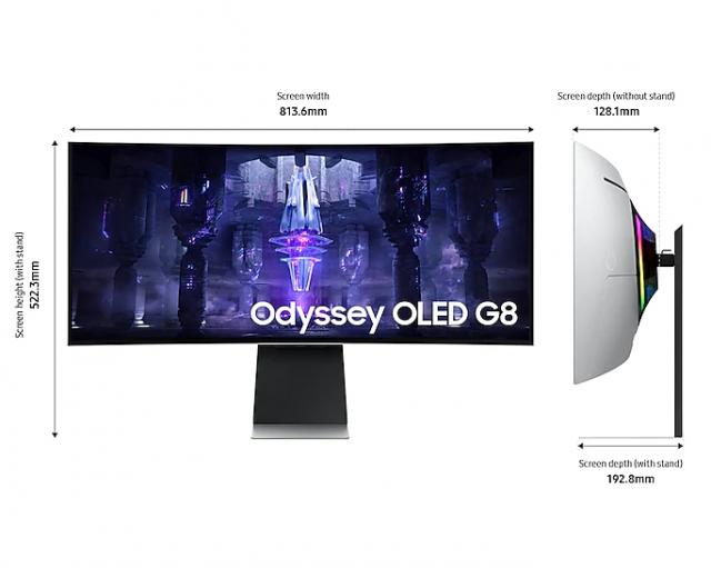 Монитор Samsung Odyssey OLED G8 G85SB 34" CURVED 1800R, 175 Hz, 0.1ms GTG, 3440x1440, 2xUSB-C, Mini DP, Micro HDMI, Speakers, Silver 