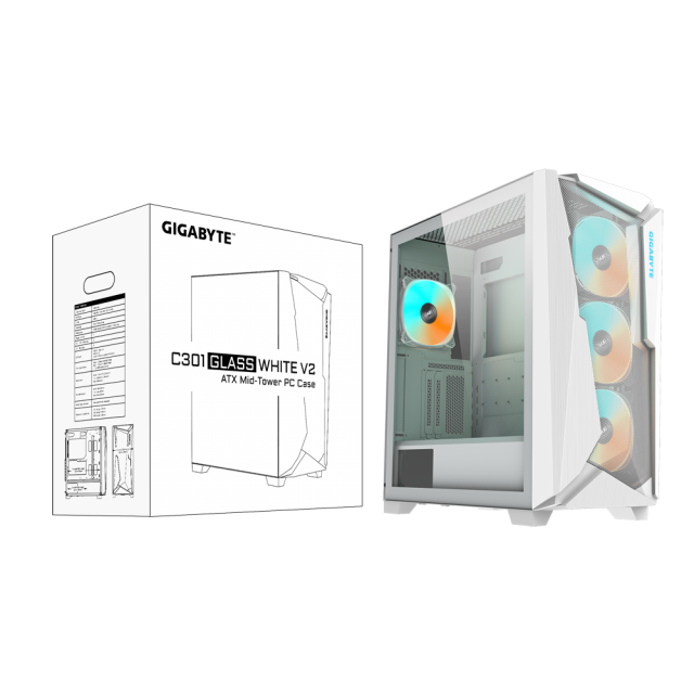 Кутия Gigabyte C301 WHITE V2, TG, Mid-Tower 