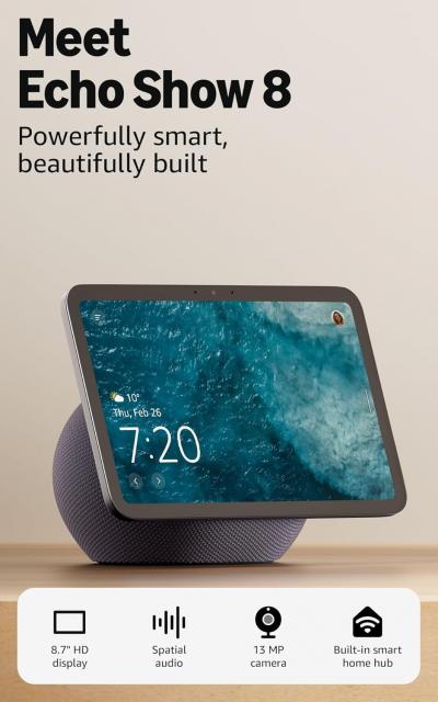 Amazon Echo Show 8 (Gen 4), 8'' дисплей за визуaлизация, 3D-audio, черен 