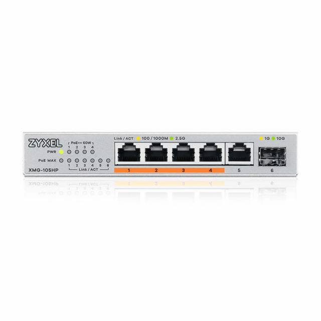 Switch ZyXEL XMG-105HP 5 Ports 2,5G + 1 SFP+, 4 ports 70W total PoE++ Desktop MultiGig unmanaged Switch 
