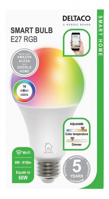 Смарт RGB крушка DELTACO SH-LE27RGB, Е27, WiFI 2.4GHz, 9W, 810lm, димираща, Бяла 