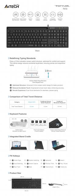 A4tech Fstyler FX72 Wired keyboard, low profile, scissor technology, Cyrillic, black 