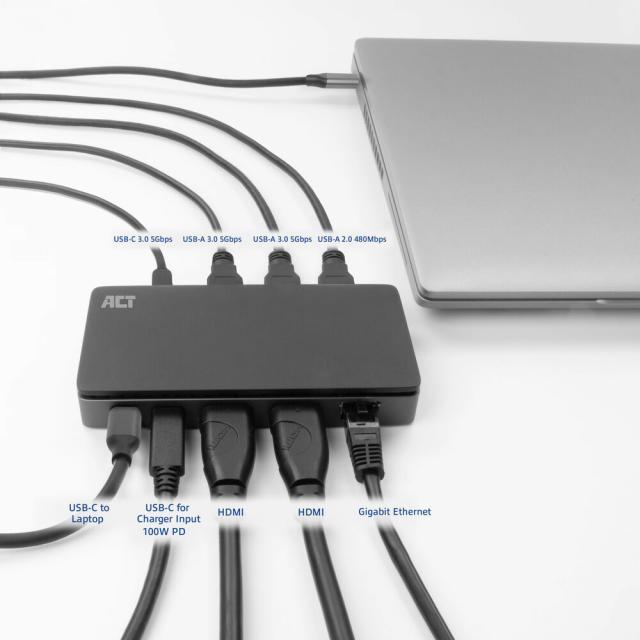 ACT Докинг станция USB-C, 4K, 2 x HDMI, Ethernet, USB-C, 3x USB-A 
