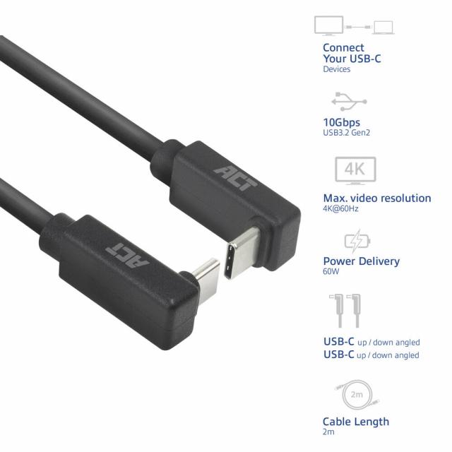 ACT Кабел USB-C - USB-C, 2м, 10Gbps 60W, ъглов нагоре/надолу 