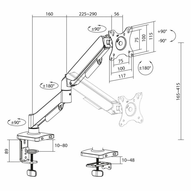Стойка за монитор за бюро ACT AC8313, Регулируема, 17" - 34", 9 кг, газова пружина 