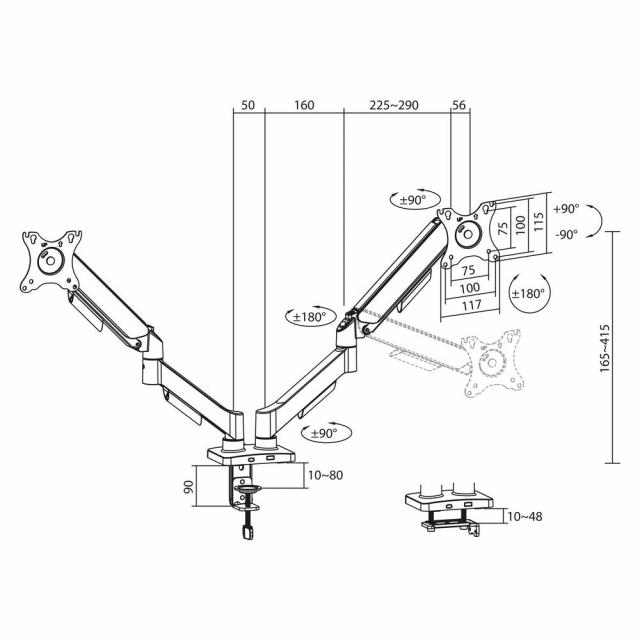 ACT Стойка за 2 бр. монитора за бюро AC8314, Регулируема, 17" - 34", 9 кг, газова пружина 