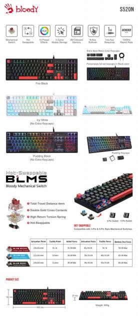 Gaming Keyboard A4tech Bloody S520N Fire Black - BLMS Red Plus Switch 