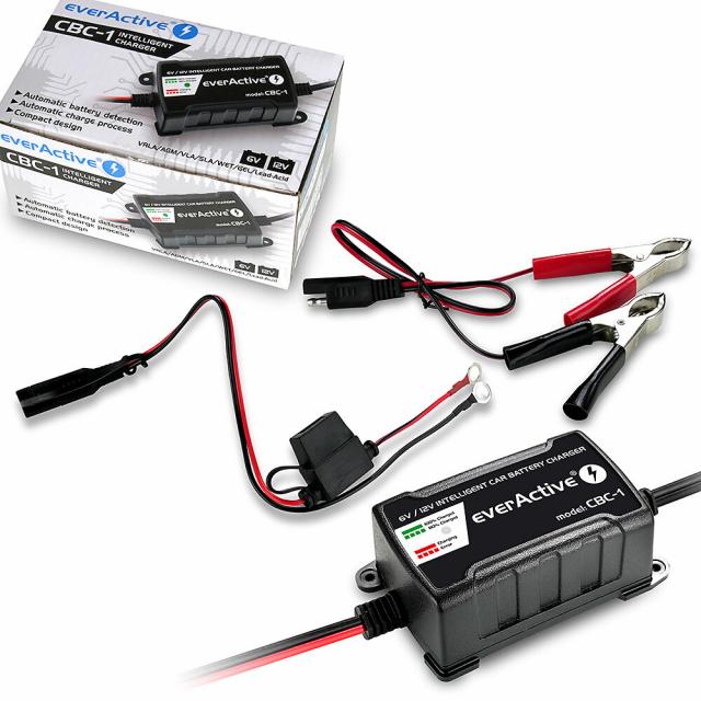Everactive Automatic-battery charger 6V/12V 1A for car/boat/motorcycle batteries 