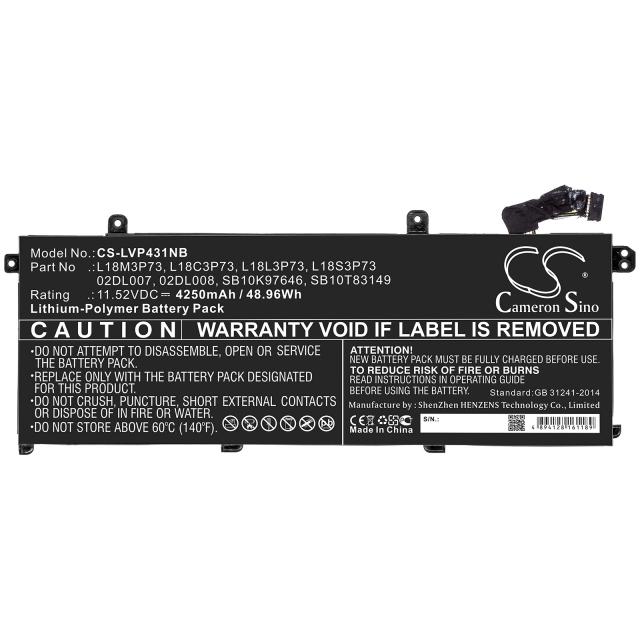 Laptop Battery for  LENOVO ThinkPad P43s, ThinkPad T490, L18C3P73 LiPo 11.52V 4250mAh CAMERON SINO 