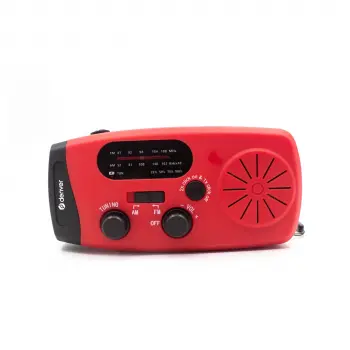 Denver SCR-2007 emergency radio with solar charging, hand crank, built-in flashlight, and SOS alarm.