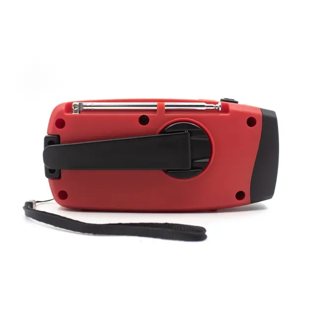 Denver SCR-2007 emergency radio with solar charging, hand crank, built-in flashlight, and SOS alarm. 