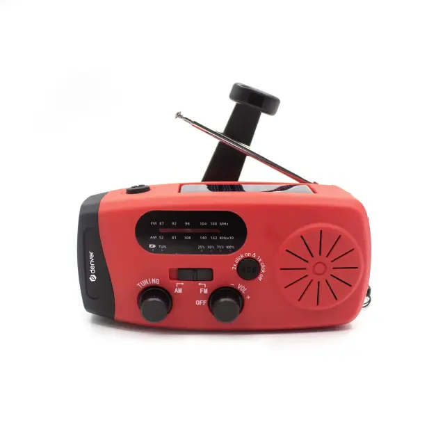 Denver SCR-2007 emergency radio with solar charging, hand crank, built-in flashlight, and SOS alarm. 