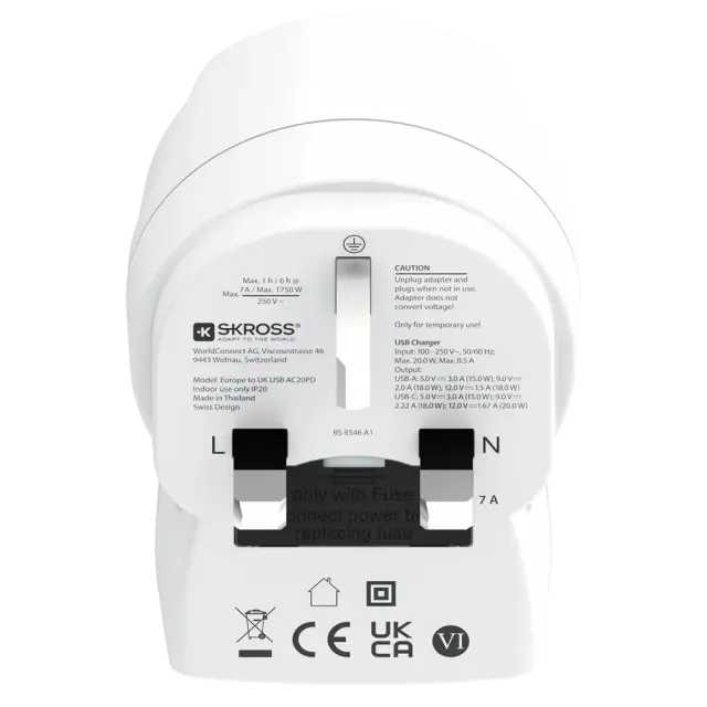 Skross универсален адаптер Europe to UK + 1 x USB  A/C порт, 20W 1500283E 