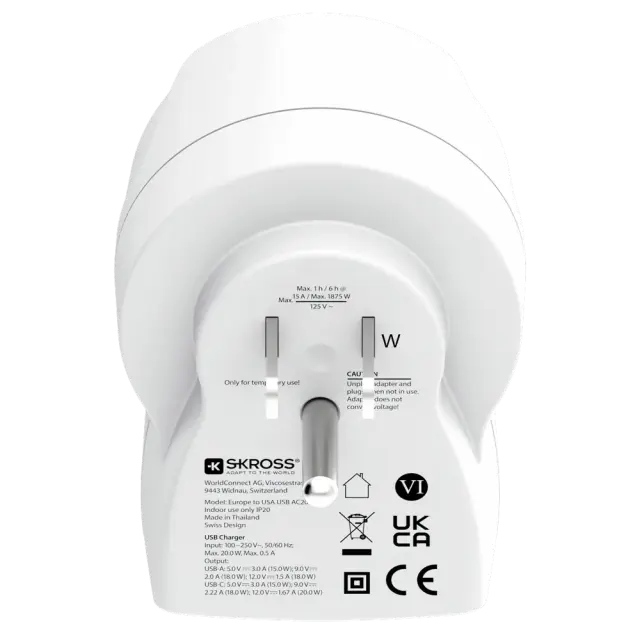 Skross универсален адаптер Europe to USA+1xUSB A/C, 20W , 1500284E 