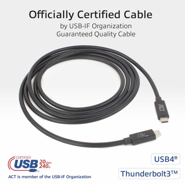 ACT Кабел USB-C - USB-C, 2 м / USB4, 20Gbps, 240W, сертифициран USB-IF 