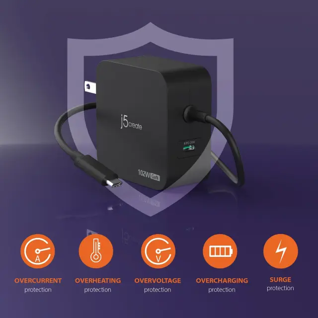 j5create JUP25102V Зарядно 220V-  GaN 102W  USB-C 2порта- за лаптопи, таблети, телефони 