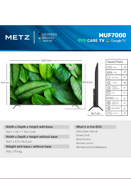 METZ Телевизор 75" UHD LED SMART TV, 4K, Google TV, Frameless 