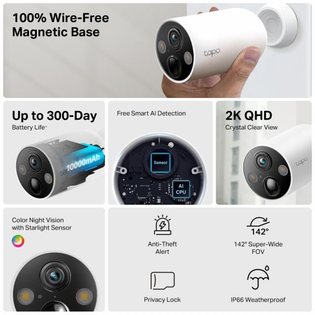 Охранителна WiFi камера TP-Link Tapo C425, Външен/вътрешен монтаж, WiFi - 2 Броя 
