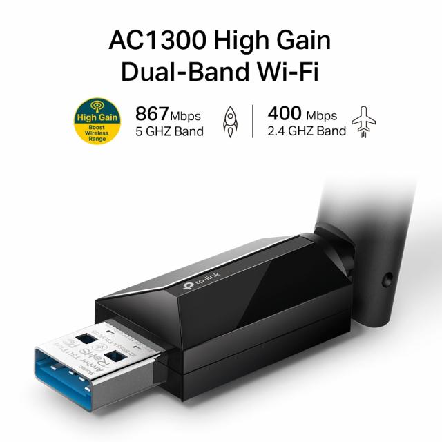 Безжичен адаптер TP-LINK Archer T3U PLUS, AC1300, двулентов, USB3.0, вградена антена 