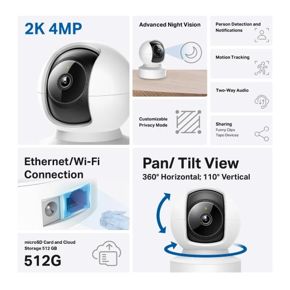 IP dome camera TP-Link Tapo C222, 2560x1440@30fps, Pan/Tilt, H.264, microSD, Wi-Fi, audio, RJ-45 