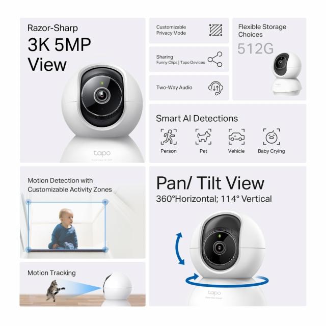 TP LINK Home Security Camera with AI, 3K 5MP (2880×1620 px), H.264, microSD, 2.4 GHz Wi-Fi 